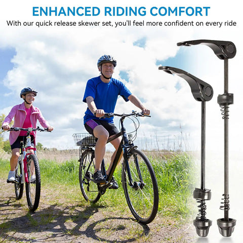 Cyclists riding with Dope Quick Release Bike Axle Skewer Set For Front And Rear Hubs in focus, outdoor scene