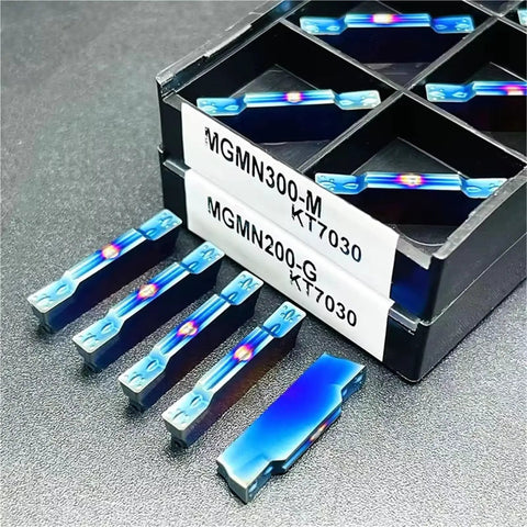 Close-up of 10Pcs CNC Grooving Carbide Inserts For Stainless Steel And Metal Lathe Tools Pro Grade MGMN200G KT7030 in storage box