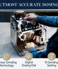 La Specialista Maestro Espresso Machine With Integrated Grinder and Eight Custom Adjustments To Pull Game Changing Cafe Quality Shots Daily Slick Steel Finish For Everyday Brew Masters with sensor grinding technology.