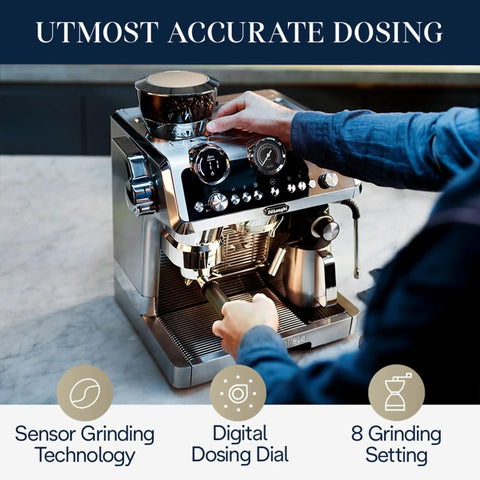 La Specialista Maestro Espresso Machine With Integrated Grinder and Eight Custom Adjustments To Pull Game Changing Cafe Quality Shots Daily Slick Steel Finish For Everyday Brew Masters with sensor grinding technology.