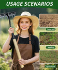 Woman holding Eight Tine Garden Weed Puller Tool With Wooden Handle, Rustproof Manganese Steel Rake in gardening scenario.