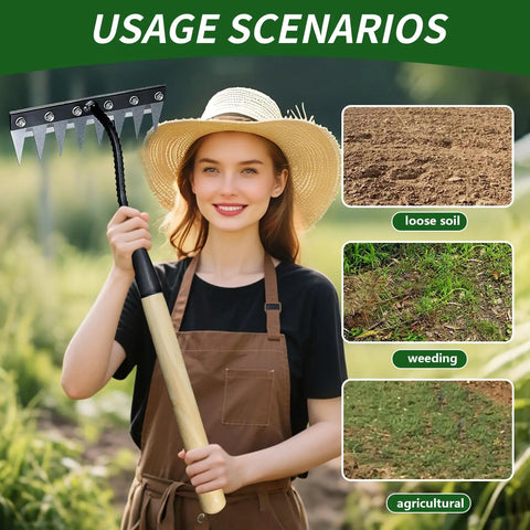 Woman holding Eight Tine Garden Weed Puller Tool With Wooden Handle, Rustproof Manganese Steel Rake in gardening scenario.