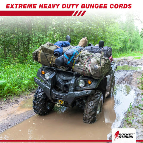 Heavy Duty Bungee Cord Set Of 12 With Double J Hooks securing luggage on ATV in muddy terrain