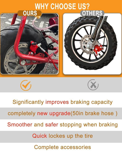 Comparison of mini bike disc brake caliper kits, highlighting hydraulic disc brake caliper kit for mini bikes with 80mm rear rotor.