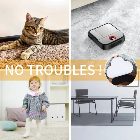 Non Slip Rug Grippers For Area Rugs preventing curling and slippage, shown in use on various surfaces with pets and furniture.