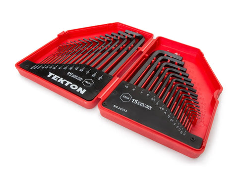 Hex Key Wrench Set 30-Piece Long And Short Pattern Kit with red durable storage case containing inch and metric sizes