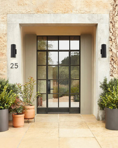 Dope Black Aluminum Outdoor Wall Sconce Lights Waterproof Exterior Lighting Fixtures For Porch Patio Front Door Garage House Exterior Sleek Cylindrical Design 2 Pack on stone house entryway