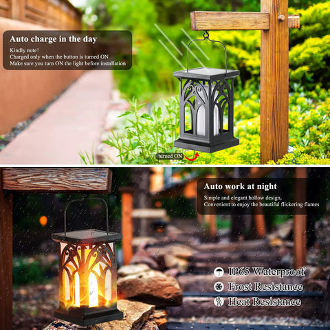 Outdoor Flickering Flame Solar Lanterns 2 Pack No Fuss Waterproof Wall Sconce Lights with 3 modes for garden use