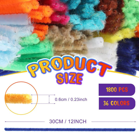 Colorful Chenille Pipe Cleaners Kit With 1800 Pieces In 36 Colors 6 Mm By 12 Inch Stems for crafts, 30cm size shown