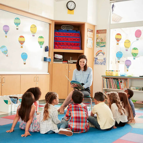 Classroom with Colorful Fun Hot Air Balloon Cutouts Set Of 45 5 By 7 Inch Classroom Bulletin Board Accents on walls