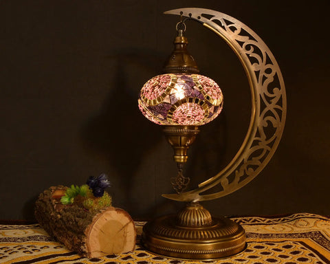 Turkish Mosaic Moon Shape Table Lamp Handmade Crescent Glass Mosaic Night Light With Antique Bronze Base Cozy Rustic Desk Lamp