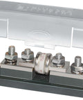 Front view of Class T Fuse Block For Marine Electrical Systems With 320A Capacity, 160V DC Max, Beefy Four Stud Design and cover