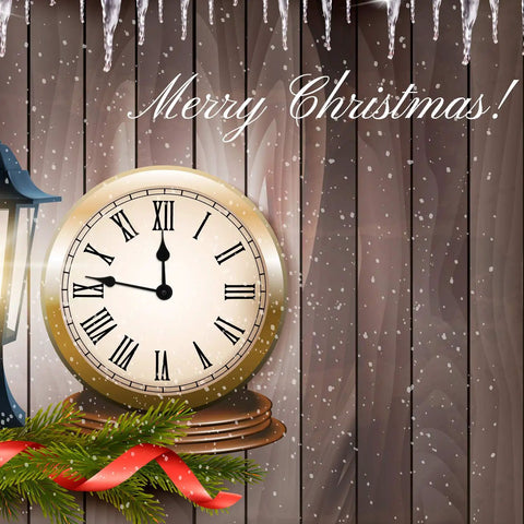 Vintage-style clock with roman numerals next to a lantern, Merry Christmas message, snowy wood background