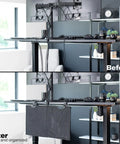 30 Inch Clamp On Desk Skirt With Privacy Panel And Cable Management System To Keep Cords Tucked, before and after setup