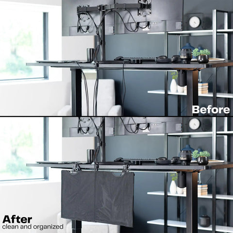 30 Inch Clamp On Desk Skirt With Privacy Panel And Cable Management System To Keep Cords Tucked, before and after setup