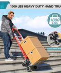 Person using 3 In 1 Convertible Aluminum Hand Truck Dolly With 1000 Lbs Capacity, Stair Climbing mode, moving boxes on stairs, red.