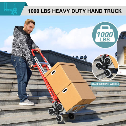 Person using 3 In 1 Convertible Aluminum Hand Truck Dolly With 1000 Lbs Capacity, Stair Climbing mode, moving boxes on stairs, red.