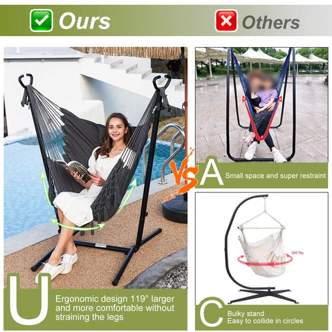 Comparison with cozy macrame hammock with stand and phone holder, adjustable double swing chair vs other designs.