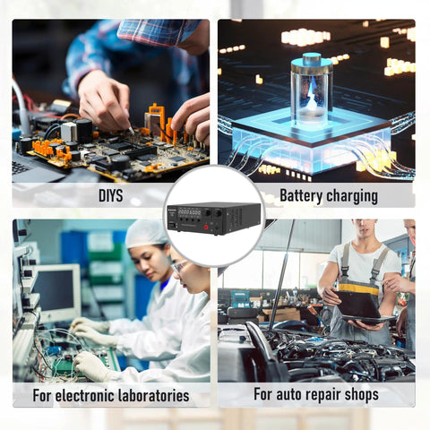 Usage scenarios for Variable DC Bench Power Supply 0-60V 0-20A 1200W With Encoder Knob Output On Off Switch in labs and repair shops.