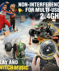 Rad Remote Control Monster Truck For Kids 4 5 6 7 8 9 Years Old With 360 Degree Stunts Dino Design Music Wireless LED Strobe Lights Two Batteries Green performing on a track with children watching.