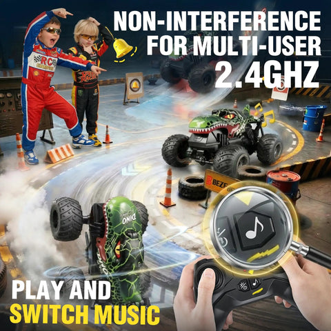 Rad Remote Control Monster Truck For Kids 4 5 6 7 8 9 Years Old With 360 Degree Stunts Dino Design Music Wireless LED Strobe Lights Two Batteries Green performing on a track with children watching.