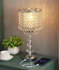 Crystal Table Lamp for Bedroom Nightstand With USB Ports, 3 Way Dimmable Silver Glam Light, modern touch on nightstand