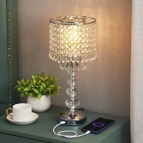Crystal Table Lamp for Bedroom Nightstand With USB Ports, 3 Way Dimmable Silver Glam Light, modern touch on nightstand