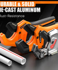 Beefy Pro Grade PVC Pipe Cutter, Aluminum Ratchet Tool That Cuts Up To 2.5 Inches, shown with PVC pipes, durable aluminum build.