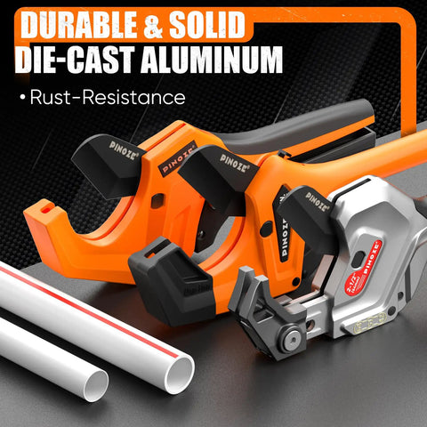 Beefy Pro Grade PVC Pipe Cutter, Aluminum Ratchet Tool That Cuts Up To 2.5 Inches, shown with PVC pipes, durable aluminum build.