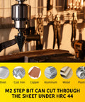 Drill press using M2 step bit on metal, showcasing cutting capabilities. Workshop setting with tools in background.
