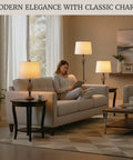 Three Piece Spiral Cage Floor And Table Lamps Set in oil rubbed bronze with LED bulbs, illuminating a living room scene.