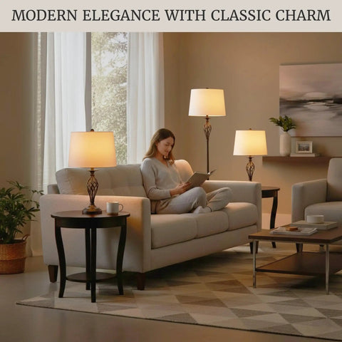 Three Piece Spiral Cage Floor And Table Lamps Set in oil rubbed bronze with LED bulbs, illuminating a living room scene.