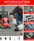 Get The Job Done Fast With This 50 Ft Electric Drain Cleaner And Auto Feed Sewer Snake That Takes Down Clogs In 1 To 4 Inch Pipes Featuring Four Sharp Cutters And A Hands Free Air Switch. A person using the electric drain cleaner with cable.