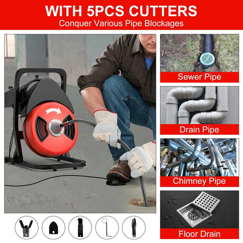 Get The Job Done Fast With This 50 Ft Electric Drain Cleaner And Auto Feed Sewer Snake That Takes Down Clogs In 1 To 4 Inch Pipes Featuring Four Sharp Cutters And A Hands Free Air Switch. A person using the electric drain cleaner with cable.