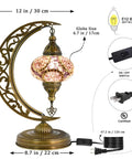 Turkish Mosaic Moon Shape Table Lamp Handmade Crescent Glass Mosaic Night Light With Antique Bronze Base Boho Bedside Decor Cozy Rustic Living Room Desk Lamp Lavender Accent, featuring E12 socket and US plug.