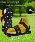 One Size Fits All Lawn Aerator Shoes with 13 Steel Spikes and X Shaped Straps on Yellow Boots in Garden Setting