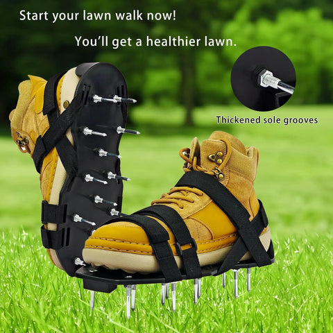 One Size Fits All Lawn Aerator Shoes with 13 Steel Spikes and X Shaped Straps on Yellow Boots in Garden Setting