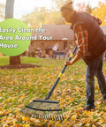 Heavy Duty Leaf Rake For Lawns And Yards With 65 Inch Adjustable Handle And 18 Inch Wide Head 25 Metal Tines in use