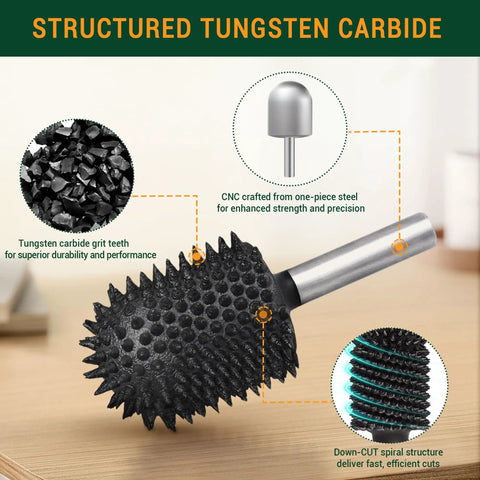 Extreme Coarse Ball Nose Rotary Burr For 1/4 Inch Shaft, Tungsten Carbide Wood Rasp Bit For Drills, Beast Cutter close-up
