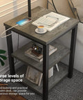Dope Industrial Floor Lamp With Side Table And USB Port End Table Lamp showing gray wood texture and storage shelves.