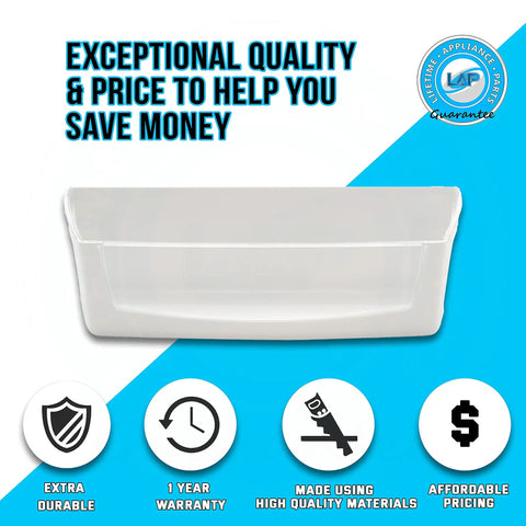 Door Shelf Cantilever Bin Replacement For Whirlpool Refrigerators No Fuss Easy Install Plug And Play Fit With Premium Quality Materials Durable W10212139 WPW10212139 shown with benefits icons