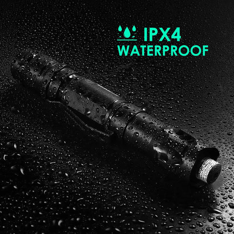 Hella Bright Rechargeable Flashlight for Camping and Outdoors Delivers 1500m Long Range Beam and 2000 Lumen Power Waterproof Torch with Rugged Build Multiple Modes USB Recharge Green Gift Box Included showing waterproof feature with water droplets and IPX4 label visible.