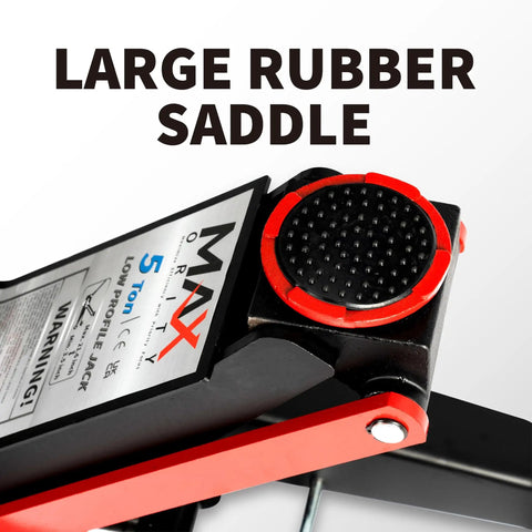Close-up of large rubber saddle on 5 Ton Low Profile Hydraulic Floor Jack With Dual Piston Quick Lift Pump Heavy Duty Steel Lift.