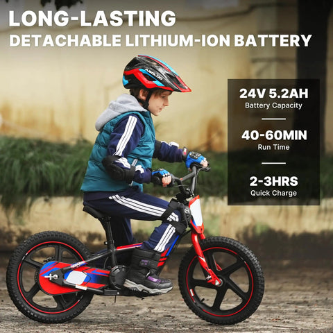 Lightweight Electric Dirt Bike For Kids Kid Friendly, 24V Detachable Battery, 170 340W Motor, Dual Hand Brakes, Twist Throttle, Off Road Electric Balance Bike For Ages 3 To 12, Speeds Up To 10 To 12 MPH, Safe For Beginners And Fun., child riding electric balance bike with 24V 5.2Ah detachable lithium-ion battery