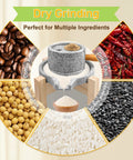 Manual Granite Stone Grain Mill With Wooden Base And Heavy Duty Handle For Flour Grain And Spice Grinding In Home Kitchen Durable Stone Grinder surrounded by coffee beans, chilies, sesame, soy, and rice.