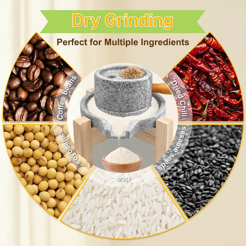 Manual Granite Stone Grain Mill With Wooden Base And Heavy Duty Handle For Flour Grain And Spice Grinding In Home Kitchen Durable Stone Grinder surrounded by coffee beans, chilies, sesame, soy, and rice.