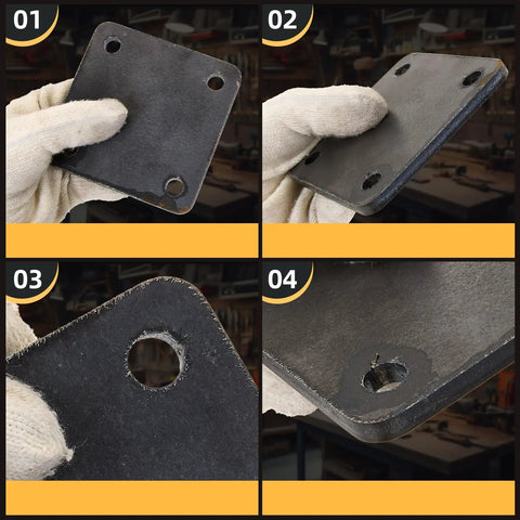 Hand holding 8 Pack 4x4 Inch A36 Steel Plates Quarter Inch Thick Hot Rolled Weldable Square Metal Plates With Four Holes