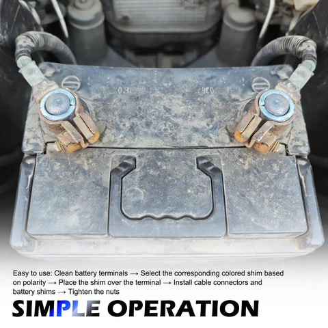 DIY Friendly Pro Grade Battery Terminal Shim Kit With Washers And Adjustment Tool installed on car battery terminals