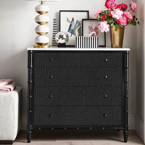 Dope Crocodile Texture Charcoal Black Wallpaper 3D Embossed covering wall behind dresser with decorative items.