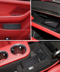 Slick Carbon Fiber Black Car Registration And Insurance Card Holder With Fast Flip Clear Window inside a red car interior.